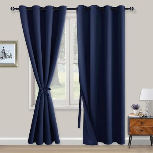 XWZO Blickdichte Vorhänge Verdunklungsvorhänge mit Ösen 2 Stücke Gardienen mit Raffhalter Lichtundurchlässige Vorhänge für Schlafzimmer,WonhzimmerBüro, 200x140 cm, Blau