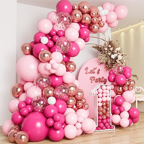 Arche Ballon Rose Fuchsia, 109 Pièces Guirlande Ballon Anniversaire avec Ballon Rose Fuchsia, Rose Gold et Confettis, Arche de Ballon pour Decoration Anniversaire Fille, Mariage, Bapteme, Baby Shower