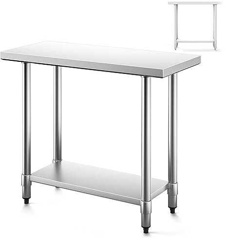 GiantexUK Stainless Steel Catering Table, 48x30Inch/48x24Inch/36x24Inch Commercial Work Table with Adjustable Shelf & Non-slip Footpads, Heavy Duty Food Prep Workbench for Kitchen Garage (91x61x89cm)