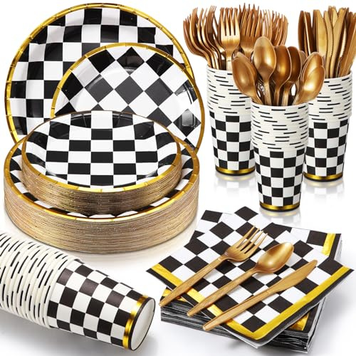 Tioncy 200 Pcs Black and White Checkered Party Supplies Serve 25 Disposable Tableware Set Plates Forks Napkins Cups Knives Spoons for Racing Car Birthday Wedding Party(Racing Checkered)