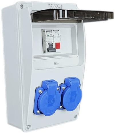 RoadEu - Distributore di corrente da 230 V, 2 prese Schuko – Rilevatore luminoso LED rosso, distributore di corrente con 1 interruttore C16A. Quadro Elettrico di Distribuzione IP44