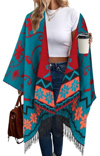 Breezy Lane Poncho per Donne con Scialle Stampato Avvolgente, Apertura Anteriore, Ruana in Maglia, Mantello Cape per Autunno Inverno, Taglia unica