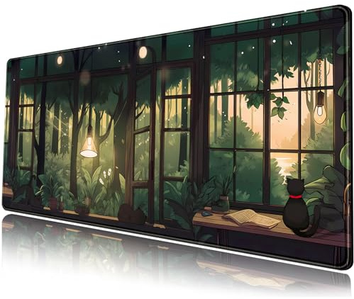 Joli Tapis de Bureau Lofi avec Plantes Vertes, Grand Tapis de Souris esthétique, Motif Chat Noir, Tapis de Souris pour Ordinateur Portable, XL, 80 x 30 cm, décoration de Bureau Mignonne