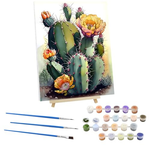 EOBROMD Malen nach Zahlen Erwachsene mit Rahmen, Malen nach Zahlen mit Faltenfreie Leinwand und Holzstaffelei, DIY Blumen Handgemalt Ölgemälde Kit für Anfänger Als Geschenk 30x40cm (Kaktus)