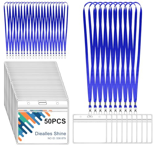 Diealles Shine Portatarjetas de Identificación, Paquete de 50 Portatarjetas de Identificación con Cinta, Porta Credencial de PVC Transparente Para Negocios, Ferias, Escuela (Horizontal, Azul)