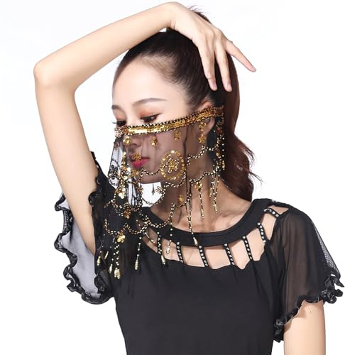 Golden Apple Women Belly Dance Face Veil Beaded Sequins Dance Dress up Bead Tassel Lady Niqabs Party Show Costume (Black)