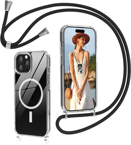 Nupcknn für iPhone 16 Pro hülle magsafe mit Band,Magnetische Handykette Dünn Transparent Handyhülle (Abnehmbar Einstellbar) Necklace mit Kordel zum Umhängen Kameraschutz Handy Stossfest Schutzhülle