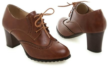 NMMAX British Women High Chunky Heels Fretwork Pumps Green Grey Round Toe Brogues Dress Office Lady Oxfords Retro Preppy Lace Up Derby
