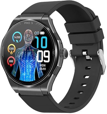 Knauermann PRO 3 (2024) Schwarz - Gesundheitsuhr Smartwatch mit Telefoniefunktion - EKG + HRV und SOS Funktion - AMOLED Display- BT Bluetooth - Schlafapnoe - Edition 1, 14-24, rund