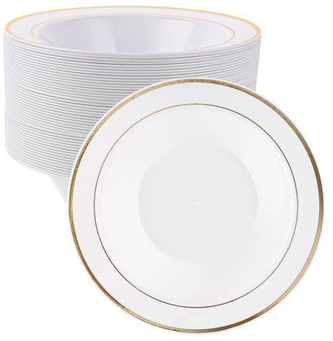 APACALI 40 Stück Plastikschalen mit Goldrand, Weiße Plastikteller Mehrweg mit Goldrand, 18CM Kunststoffteller, wiederverwendbares Partyteller Gold für Hochzeiten Partys Geburtstage