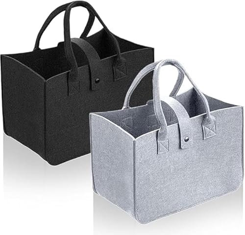 CXNXFD 2 Stück Filztaschen Shopper 30x20x18cm，Faltbare Einkaufstasche mit großem Fassungsvermögen (Schwarz, Grau)