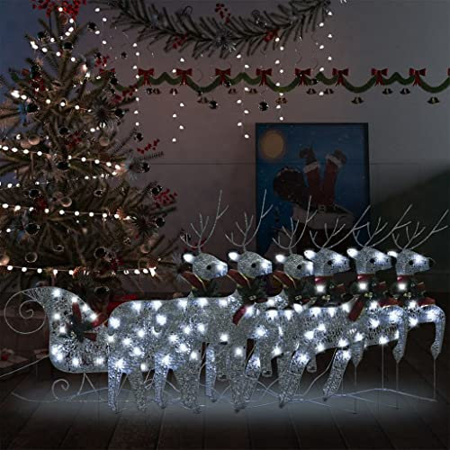 Rentier & Schlitten Weihnachtsdekoration 140 LEDs Außen Silber, Artikelfarbe-Silber