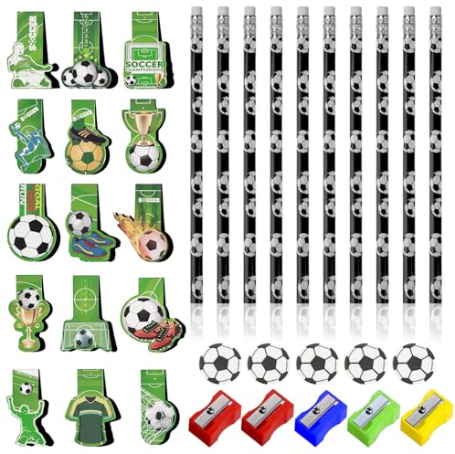 QMLING 15 Stück Fußball Magnetische Lesezeichen Kinder, Fussball Mitgebsel Jungen mit Radiergummi, Fussball Bleistifte mit Bleistiftspitzer, Magnet Lesezeichen für Buchliebhaber Fußballfans