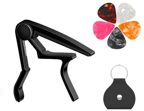 Guitar Capo, Capo for Acoustic Guitar 6 String and 12 String, Guitar Capo with Pick Holder and 5 Picks, Metal Capo for Ukulele, Mandolin, Banjo, and other String Instruments (Black)