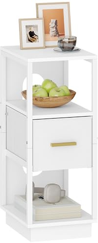 Hzuaneri Slim Bedside Table, Side End Table with 1 Fabric Drawer, Metal Frame Bedside Cabinet with Open Compartment, Narrow Nightstand for Bedroom, Livingroom, Office White NS51303W