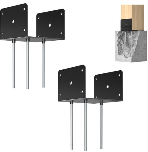 FMhotu 6x6 Concrete Post Base(2 PCS), Deck Post Base Holder Ground Spike for Concrete, Decking Post Brackets with 3 Anchor Rods, Post Base for Pavilion Deck Porch Handrail Railing
