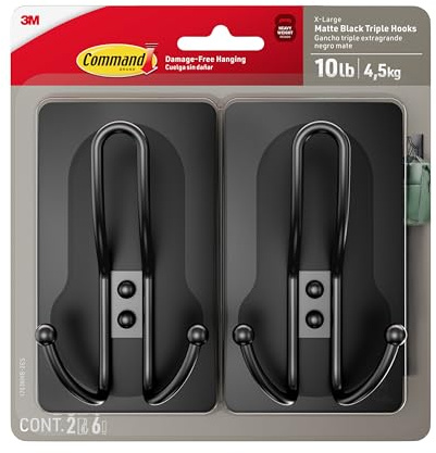 Command X-Large Matte Black Triple Hook, 2 Hooks, 6 Strips, Damage-Free Hanging with Adhesive Strips, No Tools Wall Hook for Hanging Decorations in Living Spaces
