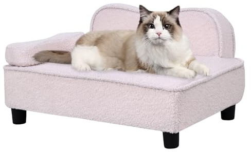DGBAOBEI Pet sofa bed, puppy sofa with wood base, teddy velvet cat sofa, pet bed sponge backrest and removable pillows (Beige)