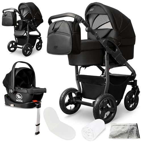 Bergsteiger Capri Kombikinderwagen 4-in-1 Babywanne Sportsitz Isofix | Komplettes Reisesystem mit i-size Babyschale Luftreifen Rahmenfederung verstellbarem Griff Zubehör und Wickeltasche