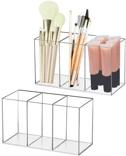 katmerio Make Up Organizer, Acrylic Pinselhalter, 3 Fächern Transparent Schminktisch Organizer, Schmink Organizer für Pinsel, Eyeliners, Lippenstift, Schminktisch Zubehör Aufbewahrung