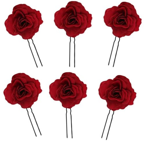 ZHAOYCSH Rose Blume Haarnadel 6 Stück - Rote Rosen Haarspangen Damen für Hochzeit & Braut | U-Form Haarschmuck Set mit Blumen Clips | Elegante Haaraccessoires für Frauen & Mädchen bei Party & Festen