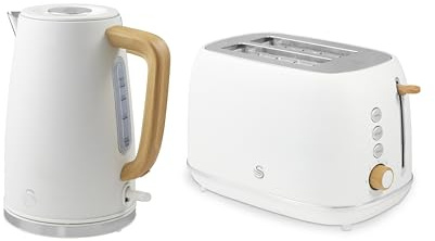 Swan Fjord Kitchen Set, 1.7L Rapid Boil Kettle with Wood Effect Handle and 800W 2-Slice Toaster with 7 Browning Levels, White and Wooden Accents, SK19024WHT & ST19030WHT