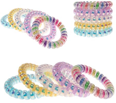 Specora-Classic Spiral Haargummi Regenbogen-, Lila-, Blau-, Gelb-, Perlweiss, 5 Metalli… – 5 cm – 5er Pack – TPU – Haarschonend – Ohne Ziepen