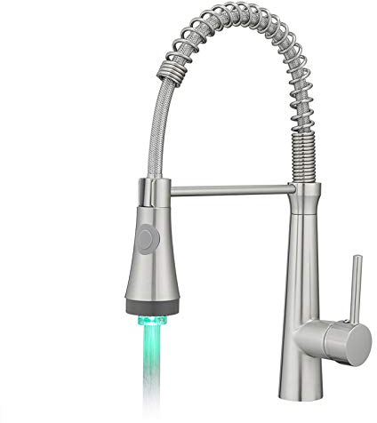 TIMACO LED Kitchen Tap 360° Swivelling with Spiral Spring Shower Extendible Gastro High-Pressure Kitchen Sink Mixer Tap Brushed Nickel