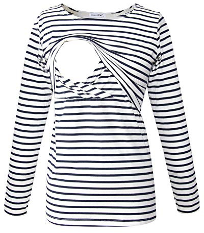 Smallshow T-Shirt d'allaitement maternité à Manches Longues pour Femmes, vêtements d'allaitement White Stripe L