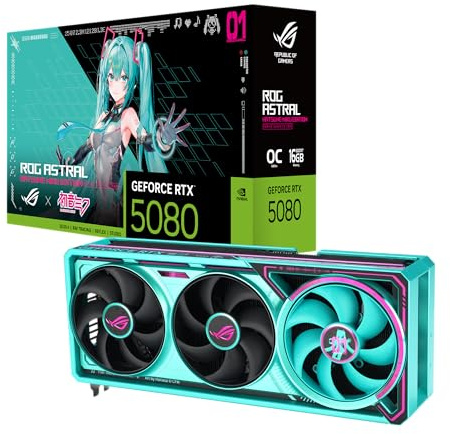 ASUS ROG ASTRAL RTX5080 16GB GDDR7 OC Hatsune Miku Edition Quad-Lüfter-Gaming-Grafikkarte (NVIDIA DLSS 4, 3.8 Slot Design, ARGB, PCIE 5.0, 2X HDMI 2.1b, 3X DisplayPort 2.1b, ROG-ASTRAL-RTX5080-O16G)