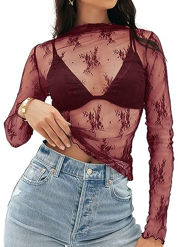 MEROKEETY Womens 2025 Lace Mesh Sheer Long Sleeve Top Sexy Y2k Mock Neck See Through Shirt Blouses, Burgundy, X-Large