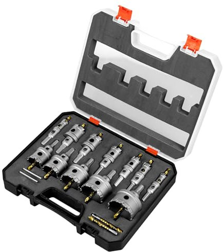 SALI Juego de 12 sierras perforadoras TCT con punta de carburo de tungsteno con broca piloto chapada en titanio para metal, acero inoxidable, hierro, madera, plástico de 9/16 a 2-1/8 pulgadas, 14 mm,