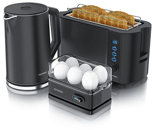 Arendo Ensembles Bouilloire et grille-pain et cuiseur à oeufs Bouilloire en inox 1,5L 40°-100°C, Toaster 4 Tranches Ecran LED 6 niveaux de brunissage, Cuiseur à oeufs 1-6 oeufs, Verre doseur Noir