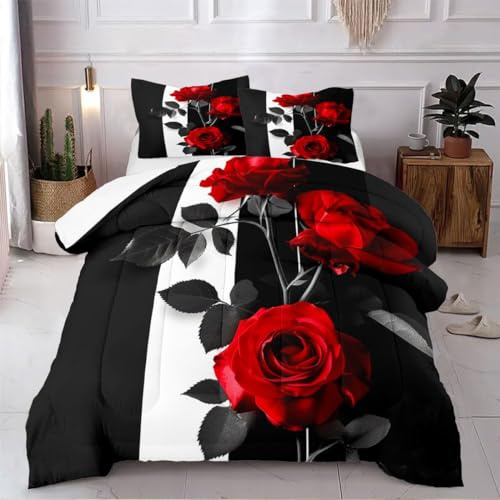 Nyescasa Bettwäsche 135x200 4teilig Schwarz Weiß mit Rot Rosen Bettwäsche Set Mädchen Bunt Blumen Pflanzen Wendebettwäsche Weich Mikrofaser Bettbezug mit Reißverschluss und 2 Kissenbezug 80x80cm