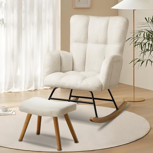 COMHOMA Rocking Chair with Footstool Comfy Teddy Fabric Nursing Armchair with High Backrest Lounge Chair for Adults Living Room Bedroom