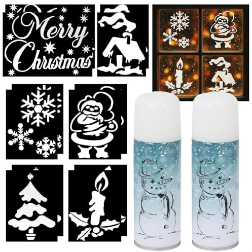 com-four® 14-teiliges Schneespray Set - Kunstschnee mit Schablonen - Schneespray für weihnachtliche Fensterdekorationen (2 Stück - 150ml + 12 Schablonen)