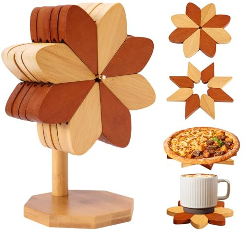 YTACREA Set di 5 Sottopentola in Legno di Bambù Resistente al Calore, Resistente Sottopentola Legno a Forma di Mulino a Vento