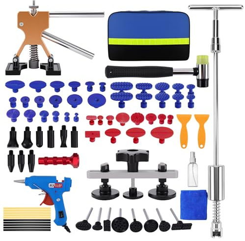 KAOLALI Kit de Extractor de Abolladuras de Coche, 78 Piezas sin Pintura con Extractor de Abolladuras Dorado de Puente y Martillo Deslizante en T, para Reparación de Abolladuras de Coche