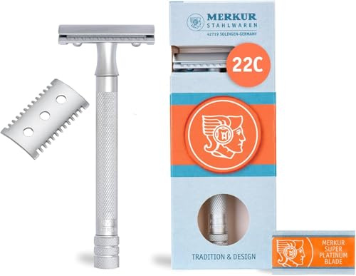 MERKUR Rasoir 22C | Kit Premium avec peigne ouvert & fermé | Chromé mat satiné | Rasoir en trois parties à coupe droite | Idéal pour le rasage humide | Moulage sous pression de zinc | Fabriqué en