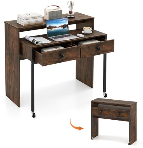 GIANTEX Escritorio de Ordenador con Tablero Extensible, 100 x 63 x 88 cm, 2 Cajones de Almacenamiento y Estante Abierto, Diseño Compacto con Ruedas, Mesa de Trabajo para Dormitorio, Oficina (Marrón)