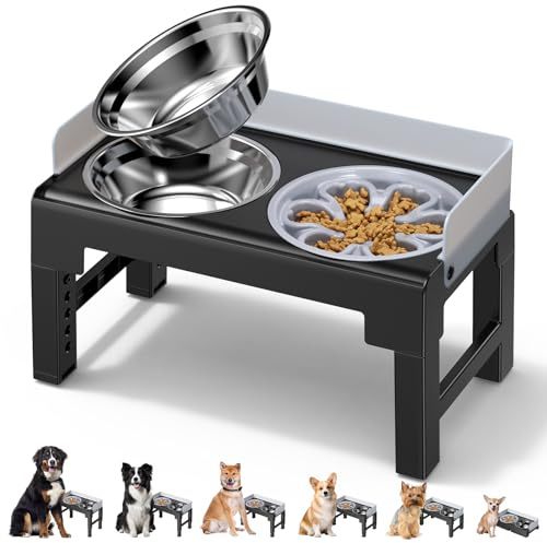 Euqvunn Elevated Dog Bowls with Stand, 6-Level Height Adjustable, 5° Tilt, Splash Guard Design, Raised Dog Bowl with Two 1000ml Stainless Steel & Slow Feeder Dog Bowl,for Small,Medium & Large Pets