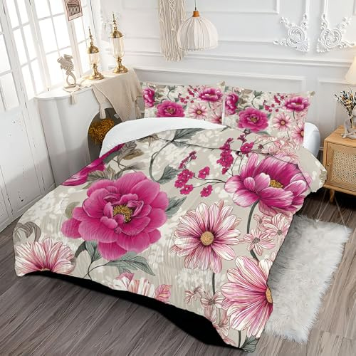 DLERFLOVR Edredón Relleno Nórdico Cama 105 Nórdico 4 Estaciones Estampado Margarita Peonía Edredón Estilo Campestre Suave y Ligero con Fundas 200x200cm, Rosa