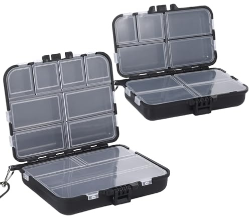 xuhaggeo 2 cajas de cebo de pesca, maletín de pesca negro con accesorios, diseño dividido para almacenar accesorios de pesca, regalos de pesca y equipo de pesca