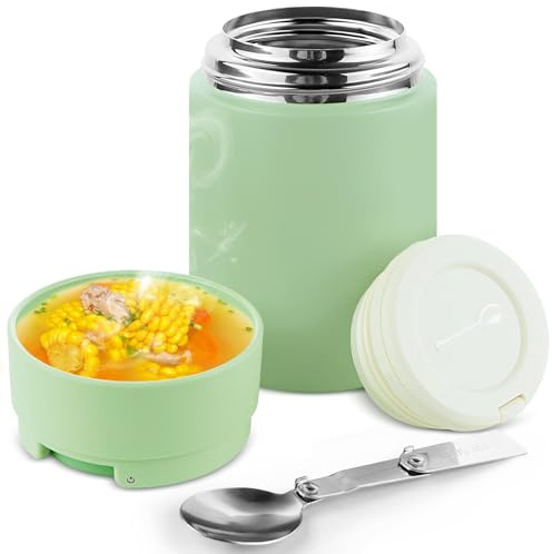 ICEBLUEOR Light Green Food Flask for Hot Food,316 Insulated Hot Food Containers,Leak Proof Hot Lunch Box, 500ml/17.6oz Insulated Food Container with Handle（Phone Stand）& Spoon Office Picnic