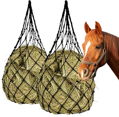 RUCUDIM Red de heno para caballos, 2 unidades, malla estrecha, malla de 6 x 6 cm, saco de heno para caballos, red de heno, saco de comida para viajes, saco de heno grande y robusto para alimentación