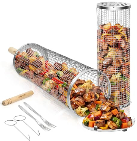 Ezilif Rolling Grill Basket Set, 304 Stainless Steel BBQ Accessories with Wooden Handle, Dishwasher Safe & Nesting Design for Outdoor Camping Cooking, Gifts for Men Dad Husband