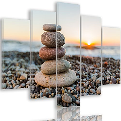 Feeby Quadro Su Tela Vista Zen Composizione 5 Pezzi Tipo A 150x100 cm Stampa Murale Fotografia Decorazione da parete per Soggiorno Camera da Letto Ufficio Cucina Ciottoli Ghiaia Spiaggia Beige Bianco