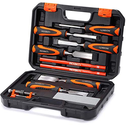 REXBETI 10pcs Premium Wood Chisel Set, 6pcs Wood Chisel with 1 Honing Guide, 1 Sharpening Stone and 2 Carpenter Pencils, Heat-Treated Cr-V Alloy Blades