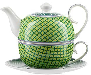 Jameson & Tailor – Théière solitaire en porcelaine brillante, modèle « Damiers » - Service à thé individuel - Vert - Capacité 450ml - Résistant aux lave-vaisselles et micro-ondes