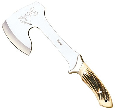 Joker Hacha montera Cazador HC00, con Mango de asta de Ciervo, Hoja de 21 cm, Incluye Funda de Cuero marrón, Herramienta de Pesca, Caza, Camping y Senderismo